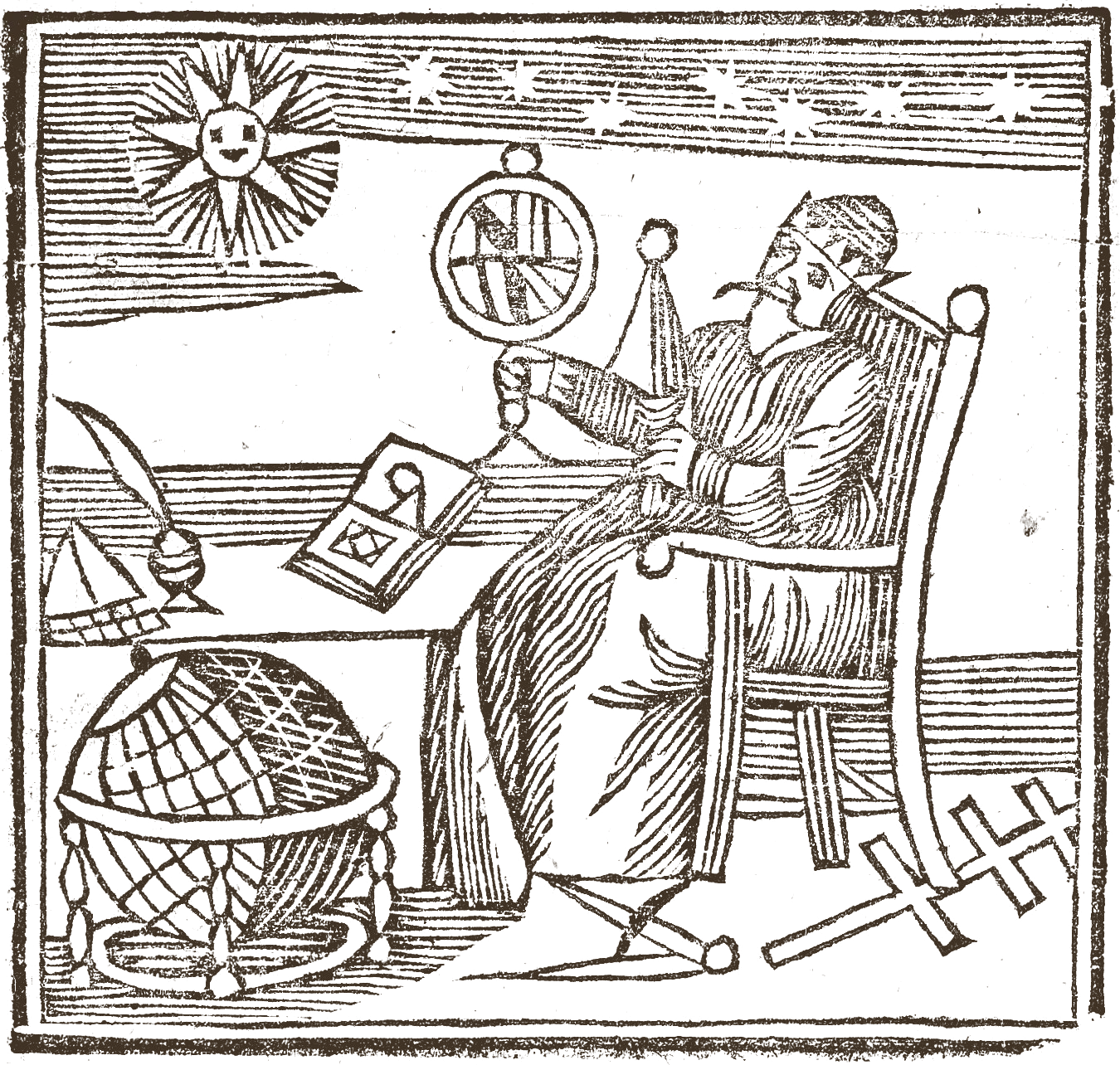 Xilografía popular de 1753: un astrólogo sentado a su mesa con un libro abierto por una figura, la pluma en el tintero, una esfera y un instrumento en la mano, bajo el Sol y las estrellas. The Book of Knowledge, «Made English by W. Lilly», 1753.