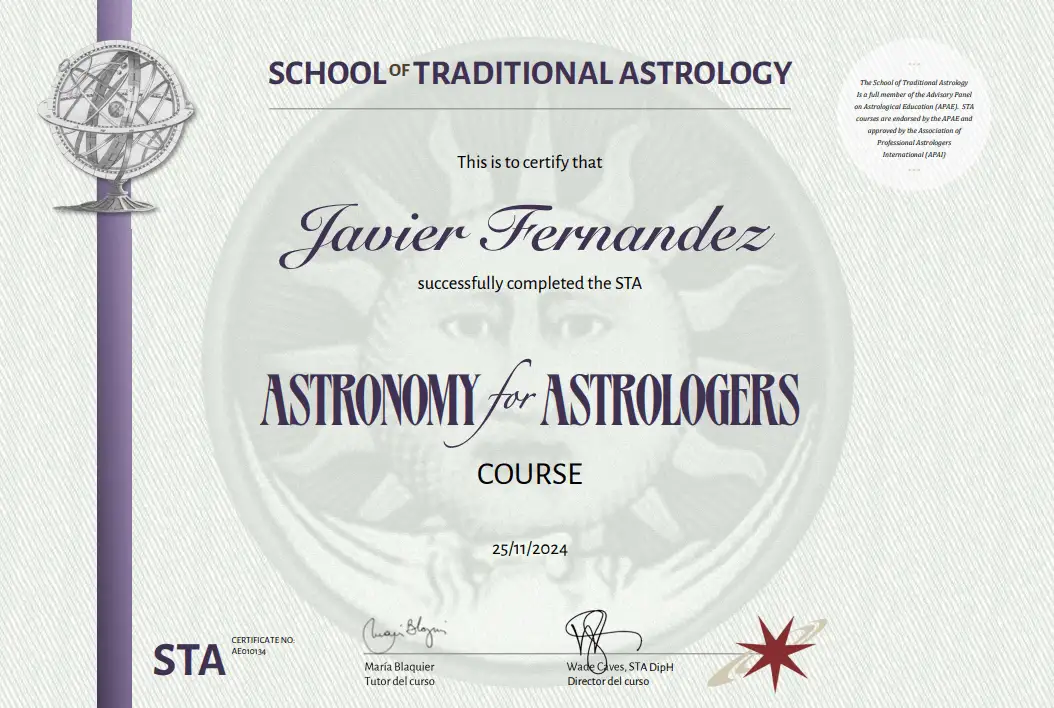 Certificado de la School of Traditional Astrology a nombre de Javier Fernández: Astronomy for Astrologers Course, 25 de noviembre de 2024.