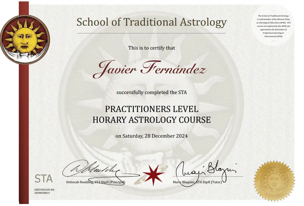Certificado de la School of Traditional Astrology a nombre de Javier Fernández: Practitioners Level Horary Astrology Course, 28 de diciembre de 2024.
