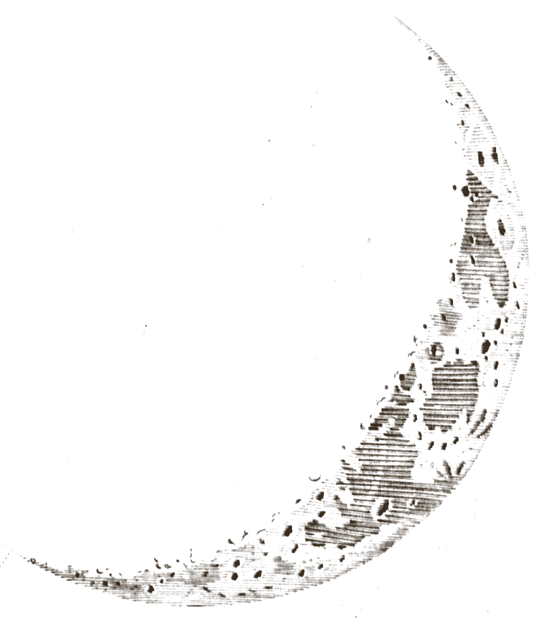 Grabado de 1647: la Luna creciente, una hoz fina con sus mares y sus cráteres sombreados a buril, tal como Johannes Hevelius la dibujó al telescopio. Johannes Hevelius, Selenographia, 1647.