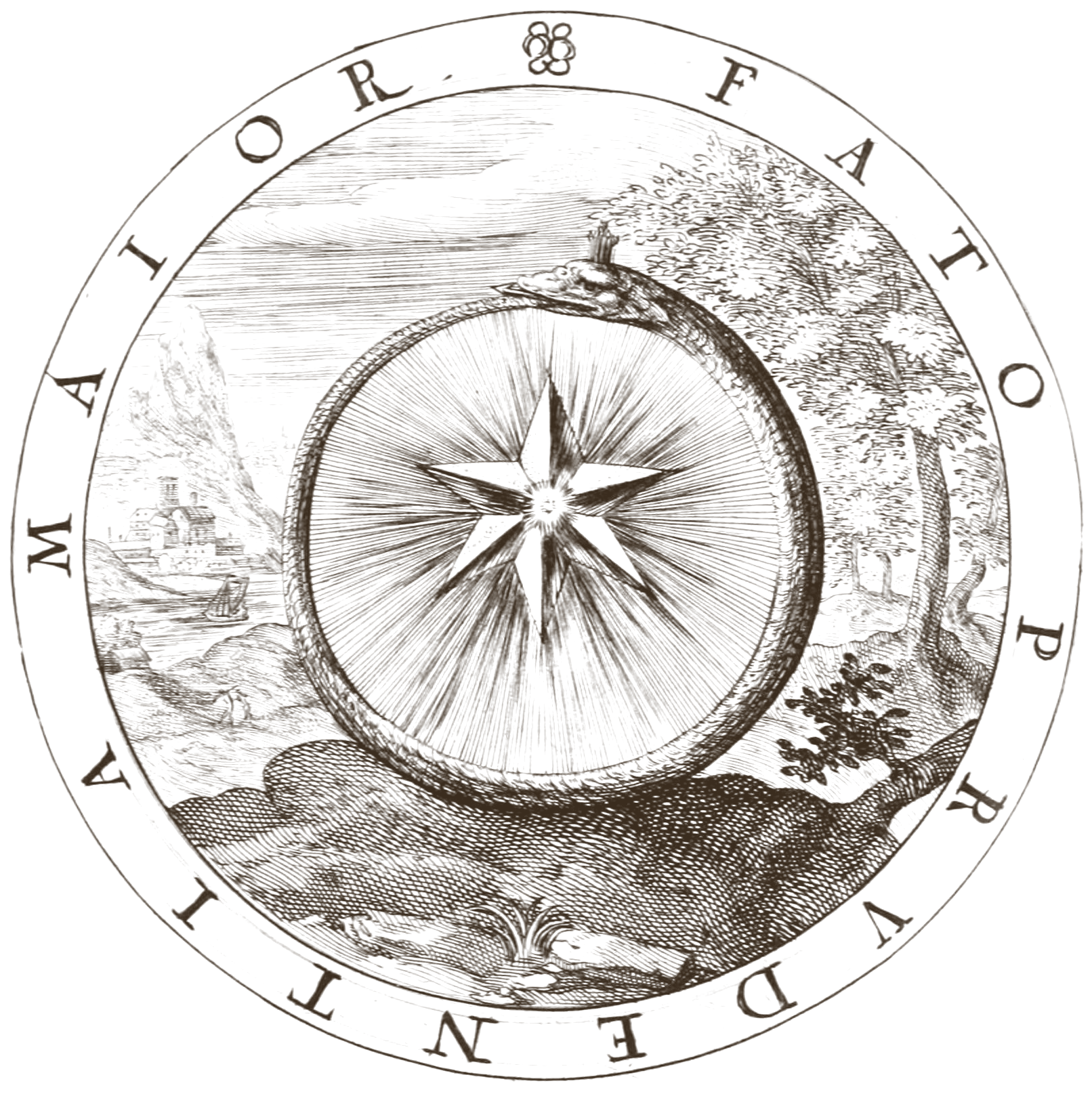 Emblema grabado de 1611: una estrella radiante dentro de una serpiente que se muerde la cola, en un paisaje, rodeada por el lema «Fato prudentia maior», la prudencia es mayor que el destino. Crispijn de Passe, en Rollenhagen, Nucleus emblematum, 1611.